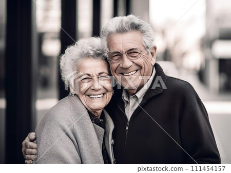 Happy senior couple, married man and woman. Smiling grandparents portrait, hugging. Old partners Happy senior couple, married man and woman. Smiling grandparents portrait, hugging. Old partners 111454157