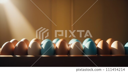 Easter eggs in sun light, sunlight beam, ray. Religious spring holiday background, banner 111454214