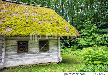 Wooden ethnic house with thatched roof. Halych Ethnography museum, Ukraine. 111454267