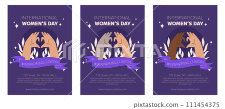 IWD Inspire Inclusion campaign, International Women's Day 2024 Poster collection features variety of hands showing the heart gesture. Vector hand drawn illustration in flat style 111454375