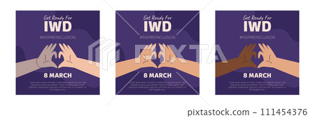 IWD Inspire Inclusion campaign, International Women's Day 2024 Square social media post template collection features variety of hands showing the heart gesture 111454376