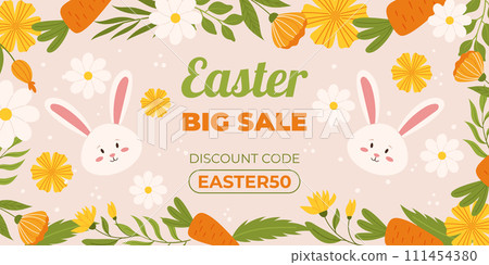 Easter sale horizontal background template for promotion. Design with painted eggs, flowers, carrots and cute bunny. Spring seasonal advertising. Hand drawn flat vector illustration. 111454380