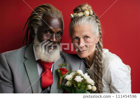 Elderly multi-ethnic couple in wedding 111454596