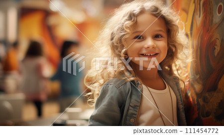 AI-generated content. Smiling blonde curly-haired child in a vibrant art gallery setting 111454772