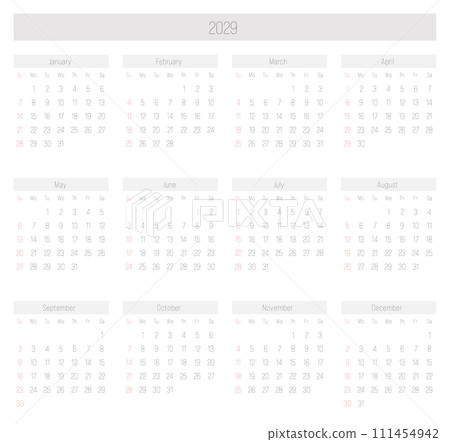 Monthly calendar of year 2029. Week starts on Sunday. Block of months in two rows and six columns horizontal arrangement. Simple thin minimalist design. Vector illustration. 111454942
