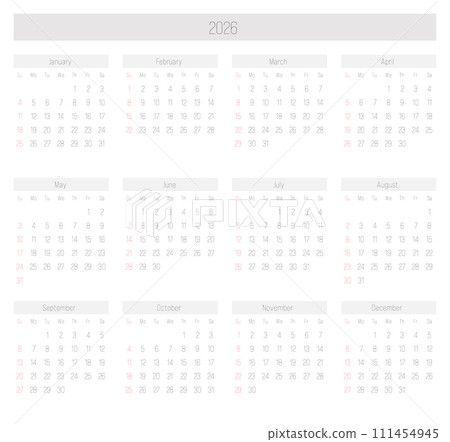 Monthly calendar of year 2026. Week starts on Sunday. Block of months in two rows and six columns horizontal arrangement. Simple thin minimalist design. Vector illustration. 111454945