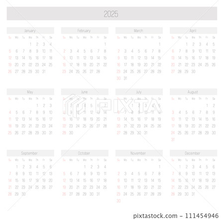 Monthly calendar of year 2025. Week starts on Sunday. Block of months in two rows and six columns horizontal arrangement. Simple thin minimalist design. Vector illustration. Monthly calendar of year 2025. Week starts on Sunday. Block of months in two rows and six columns horizontal arrangement. Simple thin minimalist design. Vector illustration. 111454946
