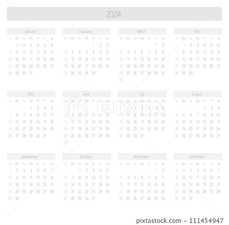 Monthly calendar of year 2024. Week starts on Sunday. Block of months in two rows and six columns horizontal arrangement. Simple thin minimalist design. Vector illustration. 111454947