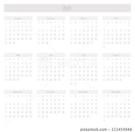 Monthly calendar of year 2023. Week starts on Sunday. Block of months in two rows and six columns horizontal arrangement. Simple thin minimalist design. Vector illustration. 111454948