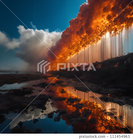 AI-generated content. A row of burning palm trees, symbolizing global warming. 111454963