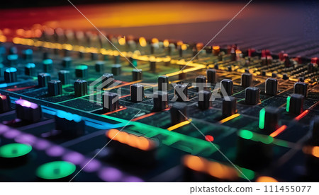 AI-generated content. A close-up view of a colorful soundboard with knobs and buttons. 111455077