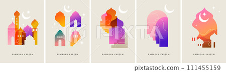 Collection of modern style Ramadan Mubarak colorful designs. Greeting cards set, backgrounds Collection of modern style Ramadan Mubarak colorful designs. Greeting cards set, backgrounds 111455159