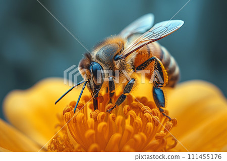 AI-generated content. Honey bee pollinating flowers. summer background of flowers with bee. AI-generated content. Honey bee pollinating flowers. summer background of flowers with bee. 111455176