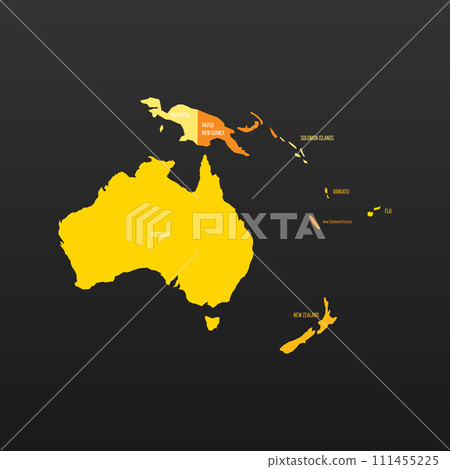 Political map of Australia. Yellow colored land with country name labels on dark gray background. Ortographic projection. Vector illustration 111455225
