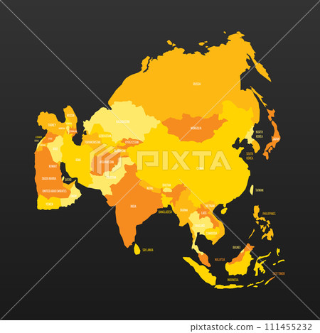 Political map of Asia. Yellow colored land with country name labels on dark gray background. Ortographic projection. Vector illustration Political map of Asia. Yellow colored land with country name labels on dark gray background. Ortographic projection. Vector illustration 111455232