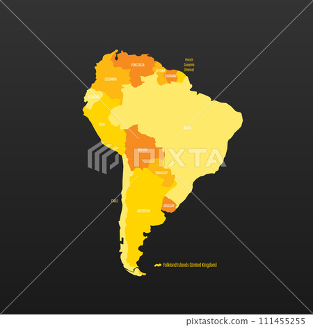 Political map of South America. Yellow colored land with country name labels on dark gray background. Ortographic projection. Vector illustration 111455255