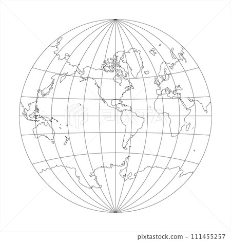 Simplified Map of World in the circle focused on Americas. Latitude and longitude grid. Van der Grinten projection. Thin black line wireframe vector illustration Simplified Map of World in the circle focused on Americas. Latitude and longitude grid. Van der Grinten projection. Thin black line wireframe vector illustration 111455257