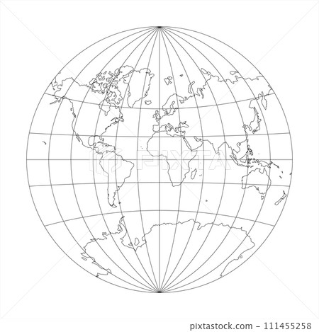 Simplified Map of World in the circle focused on Europe and Africa. Latitude and longitude grid. Van der Grinten projection. Thin black line wireframe vector illustration Simplified Map of World in the circle focused on Europe and Africa. Latitude and longitude grid. Van der Grinten projection. Thin black line wireframe vector illustration 111455258