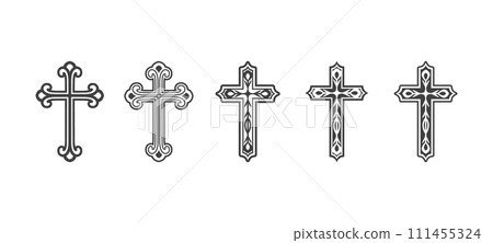 Flat Vector Black Christian Cross Icons Set Isolated on a White Background. Line Silhouette Cut Out Christian Crosses Collection Flat Vector Black Christian Cross Icons Set Isolated on a White Background. Line Silhouette Cut Out Christian Crosses Collection 111455324