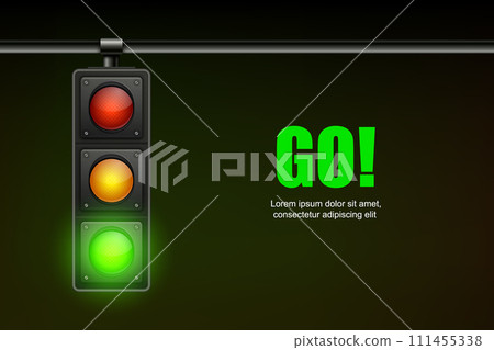 Vector Realistic Banner with Hanging Traffic Light with Glowing Green Permissive Signal Isolated on Black Background 111455338