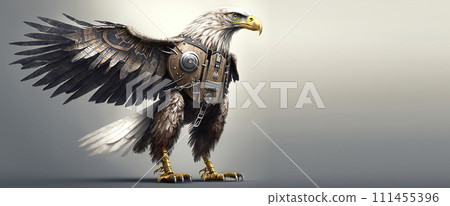 Metal robot bald eagle symbol of America. AI generated. 111455396