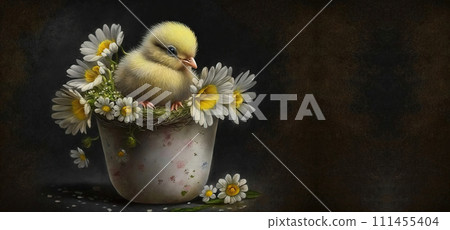 Little beautiful Easter chicken among colorful flowers and eggs. AI generated. 111455404