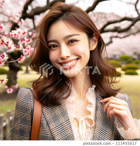 我使用生成技術畫了一個年輕可愛的女人站在一棵李子樹前。 111455817