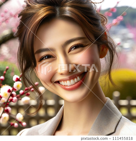 我畫了一個可愛的年輕女子在盛開的梅花前微笑的肖像。 我畫了一個可愛的年輕女子在盛開的梅花前微笑的肖像。 111455818