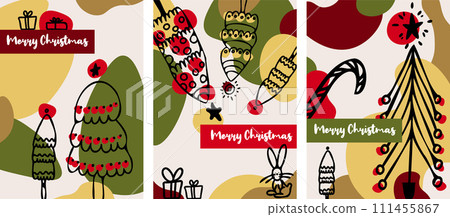Merry Christmas and Happy New Year Set of backgrounds, greeting cards, posters, holiday covers. Xmas templates with typography in modern minimalist style for web, social media, print 111455867