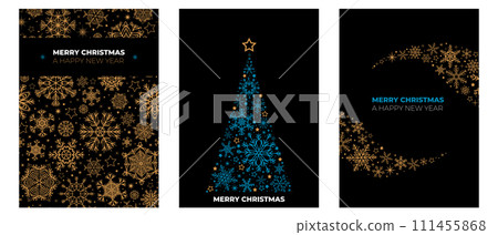Merry Christmas. Simple Christmas vector cards with golden snowflake tree and snowflake pattern. Winter holidays illustration 111455868