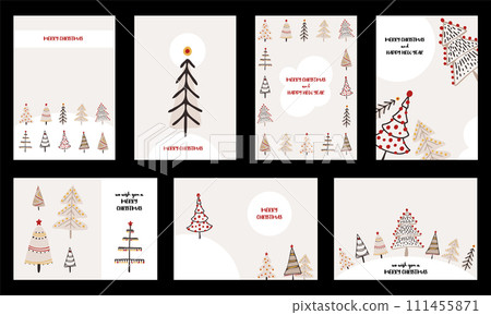 Merry Christmas. Simple hand drawn Christmas vector cards with abstract beige and red pine tree. Winter Holidays Infantile Style Vector Illustration. 111455871