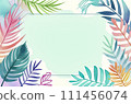 Botanical frame with palm leaves on a soft green background with copy space. Design for romantic invitations. Elegant for postcards, greeting card template. 111456074