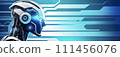 Banner with robot on turquoise blue background with copy space. Artificial intelligence. 111456076