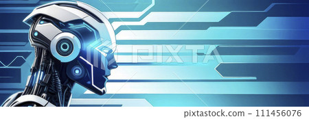 Banner with robot on turquoise blue background with copy space. Artificial intelligence. Banner with robot on turquoise blue background with copy space. Artificial intelligence. 111456076