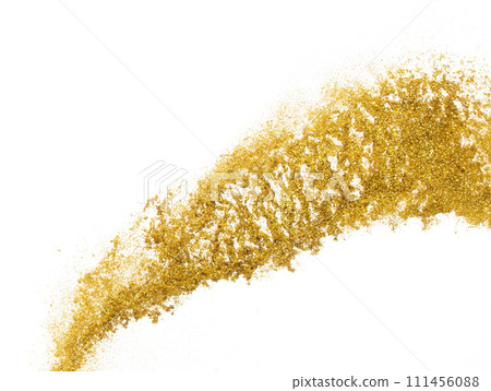 Gold metallic glitter sparkle explosion in air. Golden Glitter sand spark blink celebrate Chinese new year, fly throw gold glitters particle. White background isolated, selective focus Blur bokeh 111456088