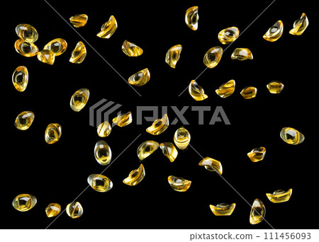 Chinese ornament gold ingot bar. Decoration element of chinese gold ingots or Yuanbao money for Festival. Other language mean rich wealthy prosperity. Black background isolated Chinese ornament gold ingot bar. Decoration element of chinese gold ingots or Yuanbao money for Festival. Other language mean rich wealthy prosperity. Black background isolated 111456093