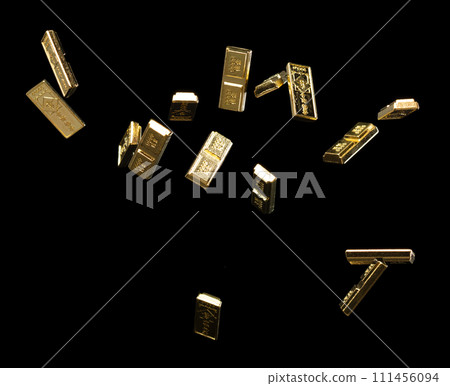 Chinese ornament gold ingot bar. Decoration element of chinese gold ingots or Yuanbao money for Festival. Other language mean rich wealthy prosperity. Black background isolated 111456094
