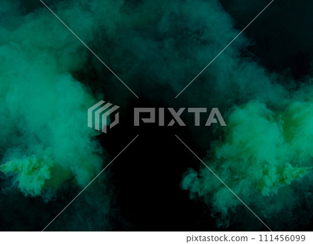 Green Dense Fluffy Puffs of White Smoke and Fog on black Background, Abstract Smoke Clouds, Movement Blurred out of focus. Smoking blows from machine dry ice fly fluttering in Air, effect texture Green Dense Fluffy Puffs of White Smoke and Fog on black Background, Abstract Smoke Clouds, Movement Blurred out of focus. Smoking blows from machine dry ice fly fluttering in Air, effect texture 111456099