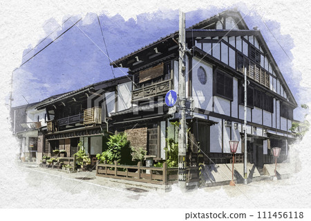 水彩風格越中遙西町街景富山縣富山市 水彩風格越中遙西町街景富山縣富山市 111456118