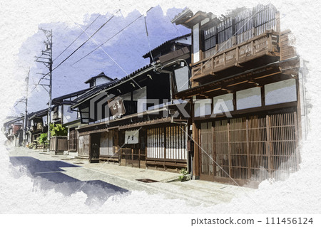 Watercolor style Etchu Yao Nishimachi townscape Fukutsuru Sake Brewery Toyama City, Toyama Prefecture 111456124