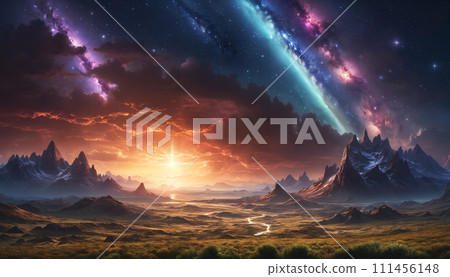 Starry sky over alien mountains 111456148