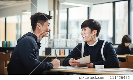 Asian students talking in the classroom 111456425