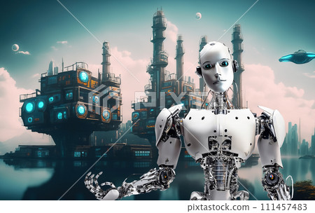 漂浮在未來城市天際線上的機器人工廠 AI 生成圖像 機器人工廠 未來城市 工業城市 SF 111457483
