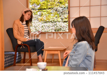 兩個年輕女子在女孩旅行住宿的旅館房間裡聊天 兩個年輕女子在女孩旅行住宿的旅館房間裡聊天 111457843
