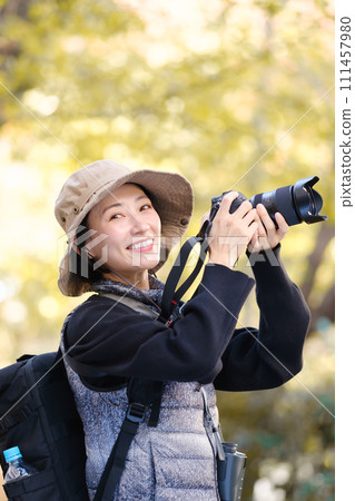 Hiking, mountain walking, camera 111457980