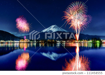 Mt. Fuji and fireworks ~Kawaguchiko winter fireworks~ 111458555