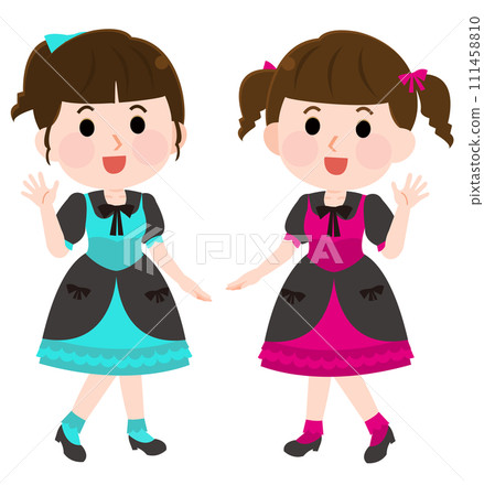 兩個女性偶像團體揮手的插圖 兩個女性偶像團體揮手的插圖 111458810