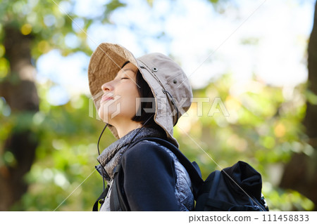 Hiking, mountain walking, looking up at clear skies 111458833