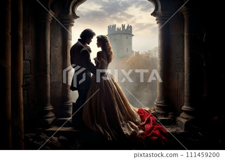 AI-generated content. Renaissance Lovers Gazing from Castle Archway 111459200