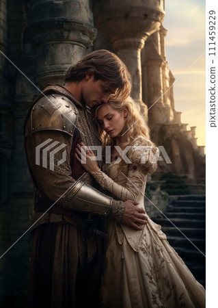 AI-generated content. Knight Embracing Lady in Medieval Garb 111459229